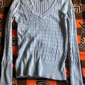 Gray, cable knit, V-neck sweater